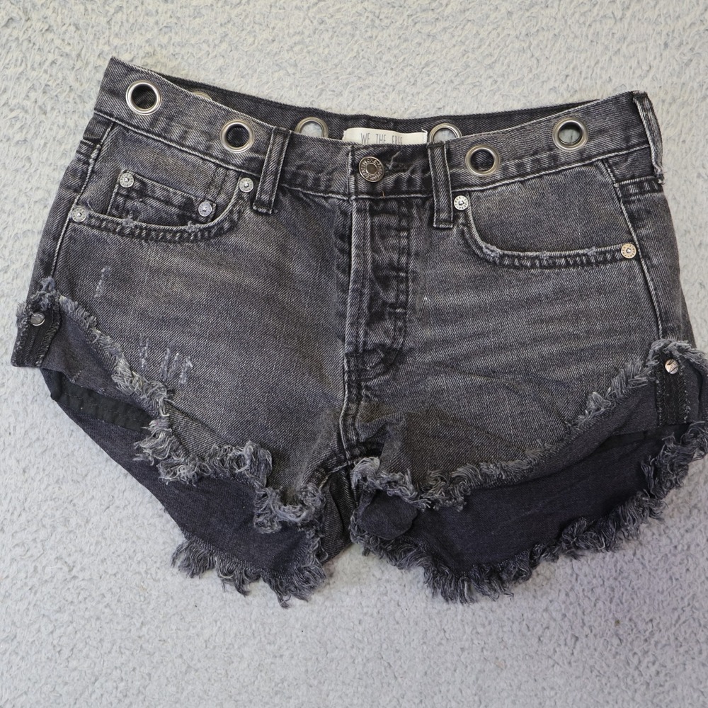We The Free Free People Black Grommet Distressed Denim Shorts Size 24 Cut Offs